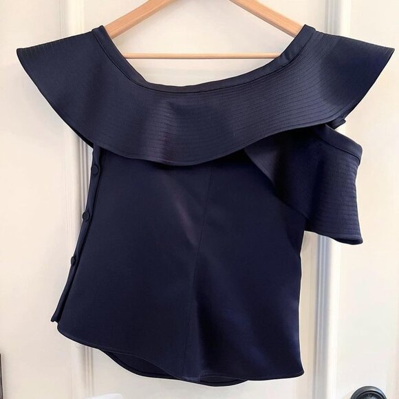 Self-Portrait Satin Off The Shoulder Ruffle Blouse in Navy, size 2 - Picture 7 of 8